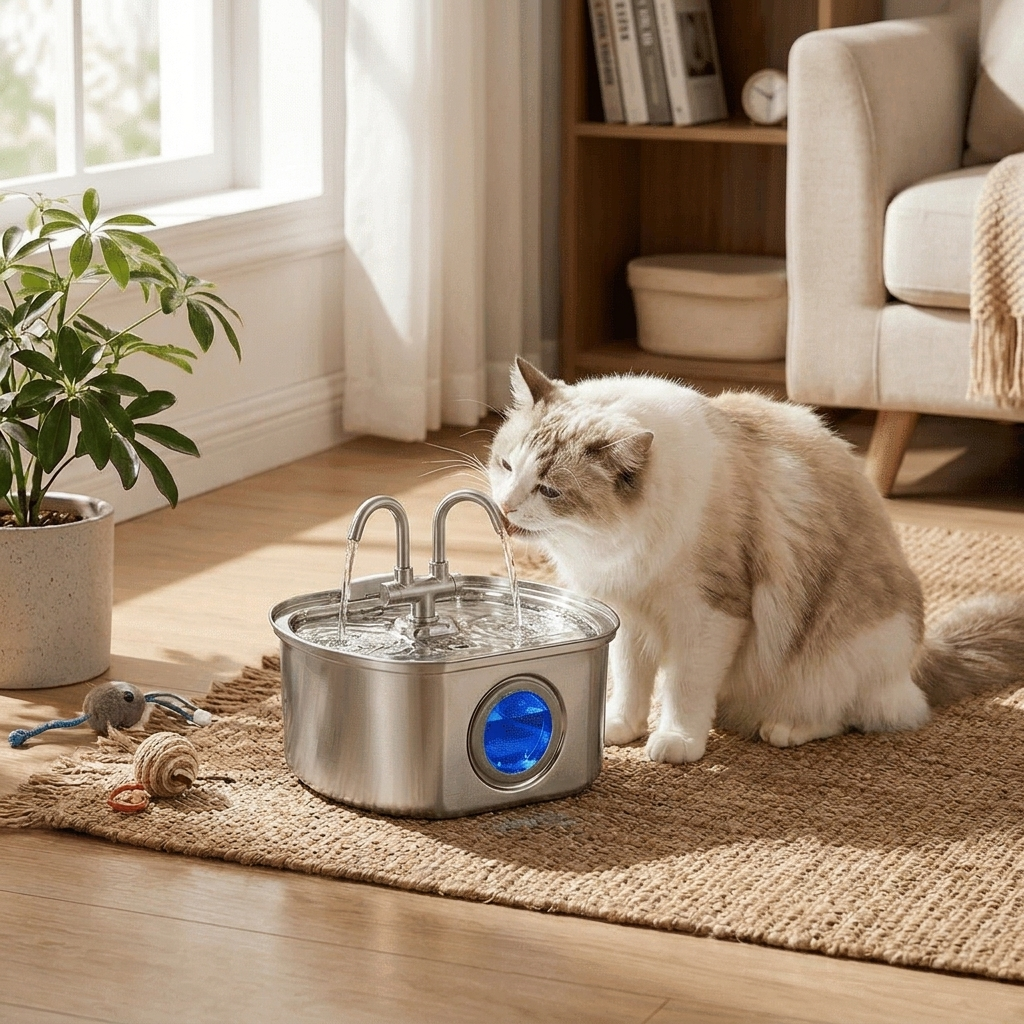 Cat drinking from Cat Fountain Water Dispenser with TPort DualOutlet RoundWindow design