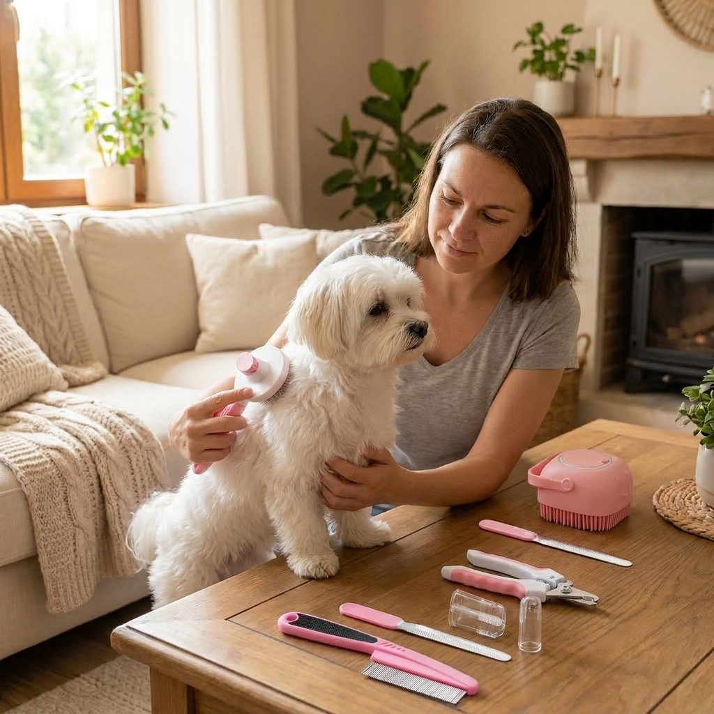 Lifestyle - Pink 7-Piece Dog Grooming Kit being used on a dog
