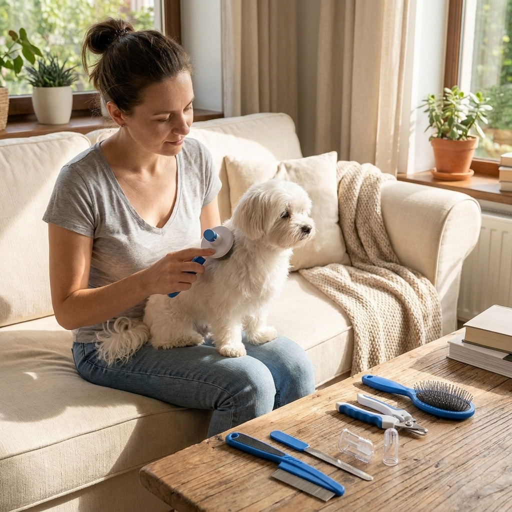 Lifestyle - Blue 7-Piece Dog Grooming Kit being used on a dog