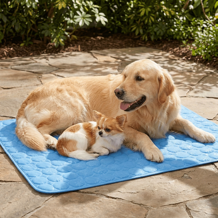 Dog resting on a sky blue Furrwell Pet Cooling Mat outdoors