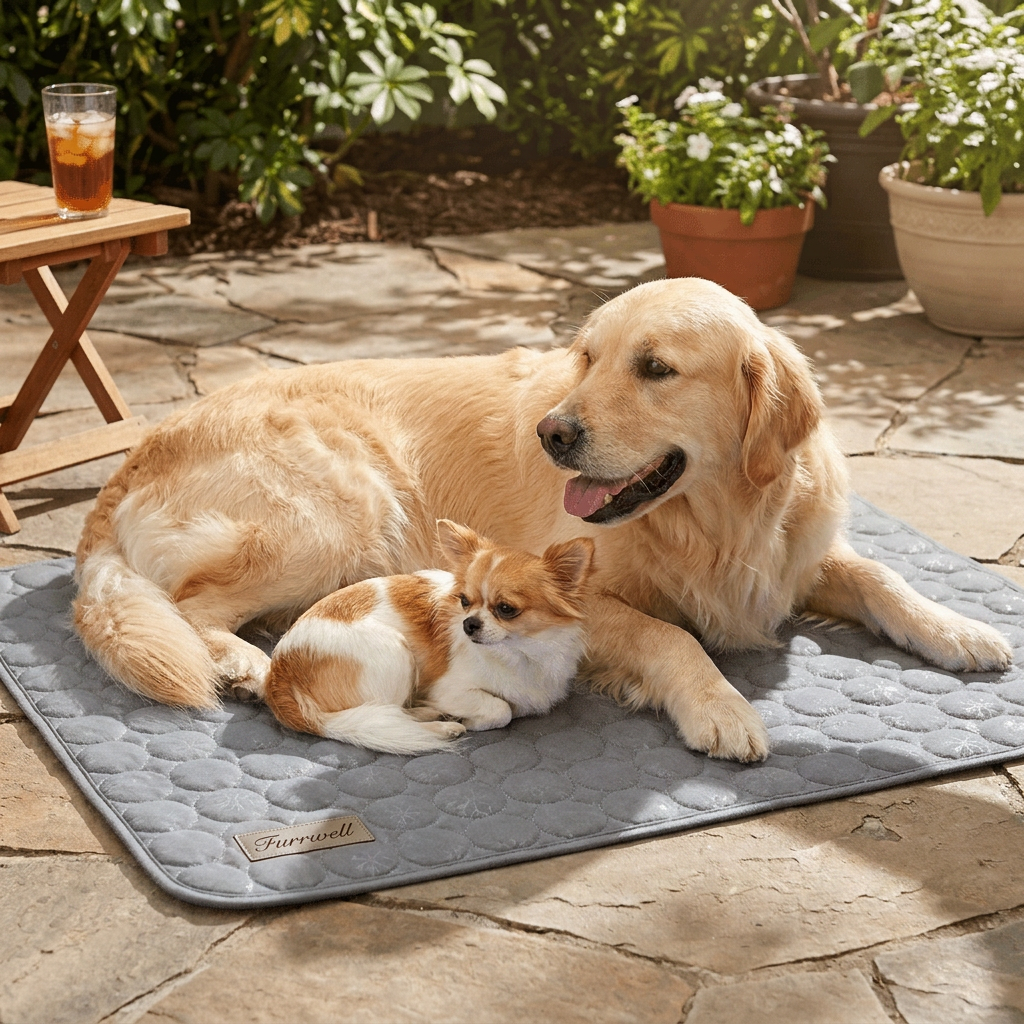 Dog resting on a gray Furrwell Pet Cooling Mat outdoors
