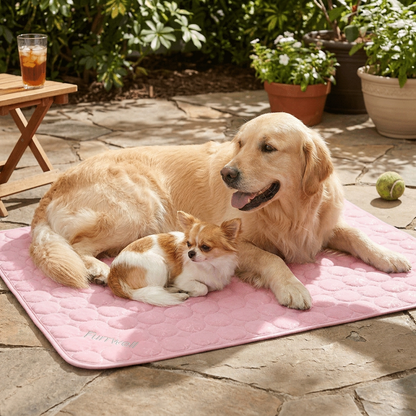 Dog resting on a pink Furrwell Pet Cooling Mat outdoors