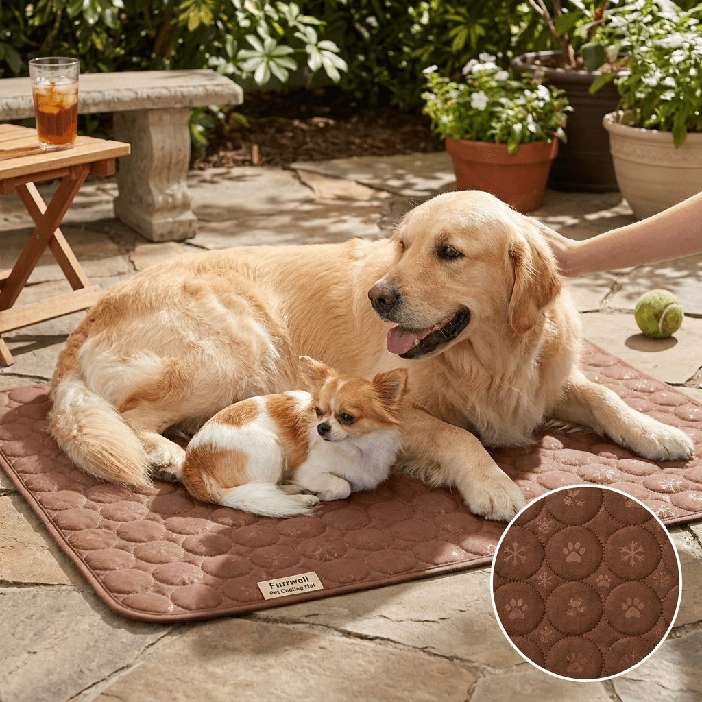 Dog resting on a brown Furrwell Pet Cooling Mat outdoors