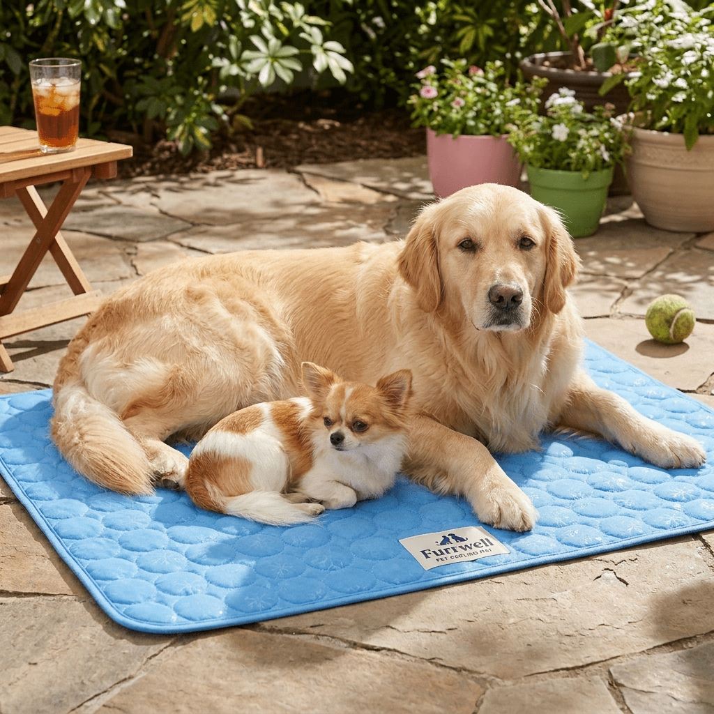 Dog resting on a blue Furrwell Pet Cooling Mat outdoors