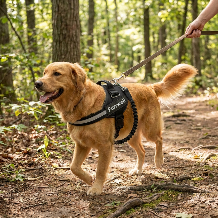 Dog wearing a black Furrwell Dog Harness with Traction Rope in a park