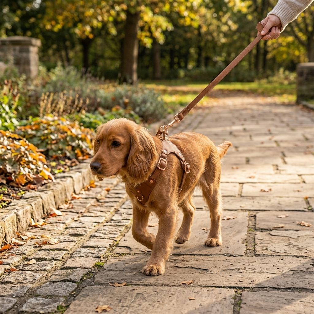 Dog wearing a deer brown Soft Leather Dog Harness and Leash Set on a walk