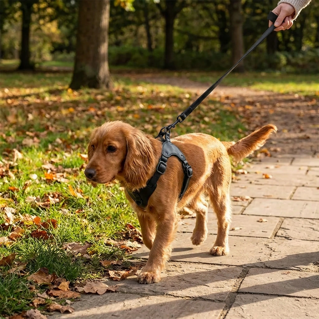 Dog wearing a classic black Soft Leather Dog Harness and Leash Set on a walk
