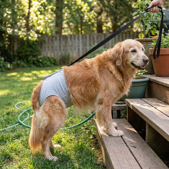 Dog wearing Dog Rear Support Harness for Disabled Dogs (Light Grey) - Lifestyle