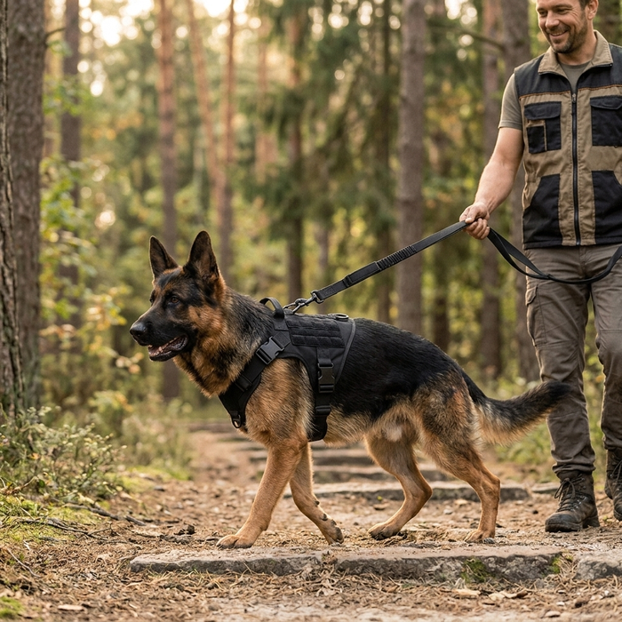 Dog wearing black Tactical Dog Harness and Leash Set - Lifestyle