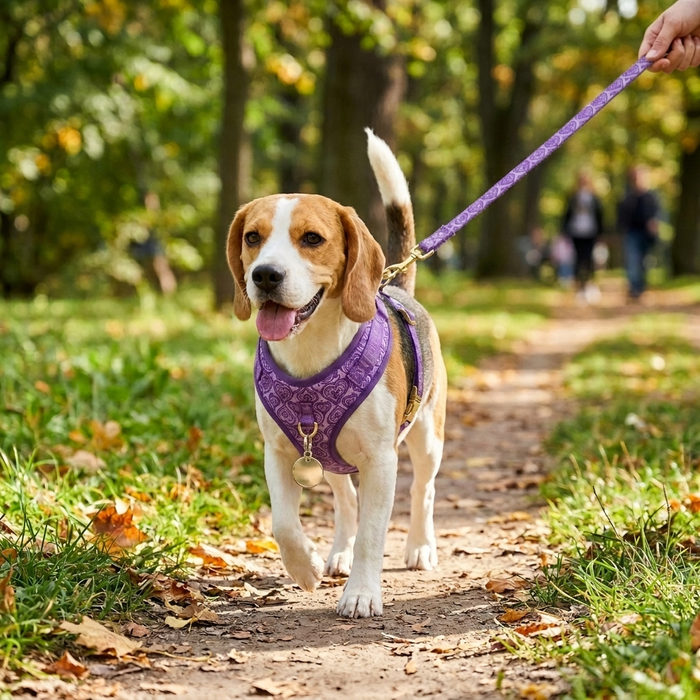 Dog wearing Adjustable Dog Harness with ID Tag (Purple Heart) - Lifestyle
