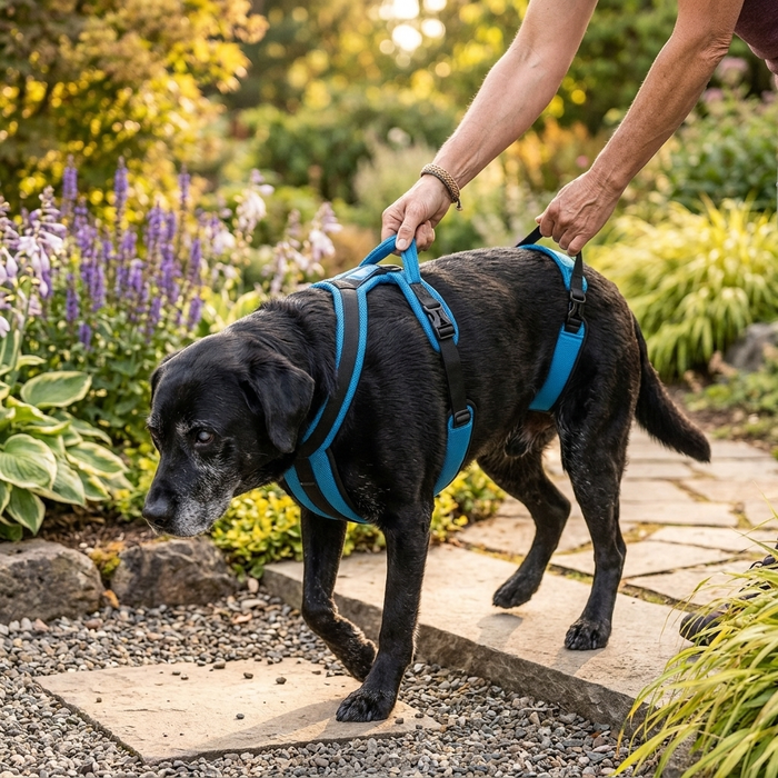 Senior dog wearing Dog Support Harness for Elderly & Injured Dogs on a garden walk - Furrwell Pets