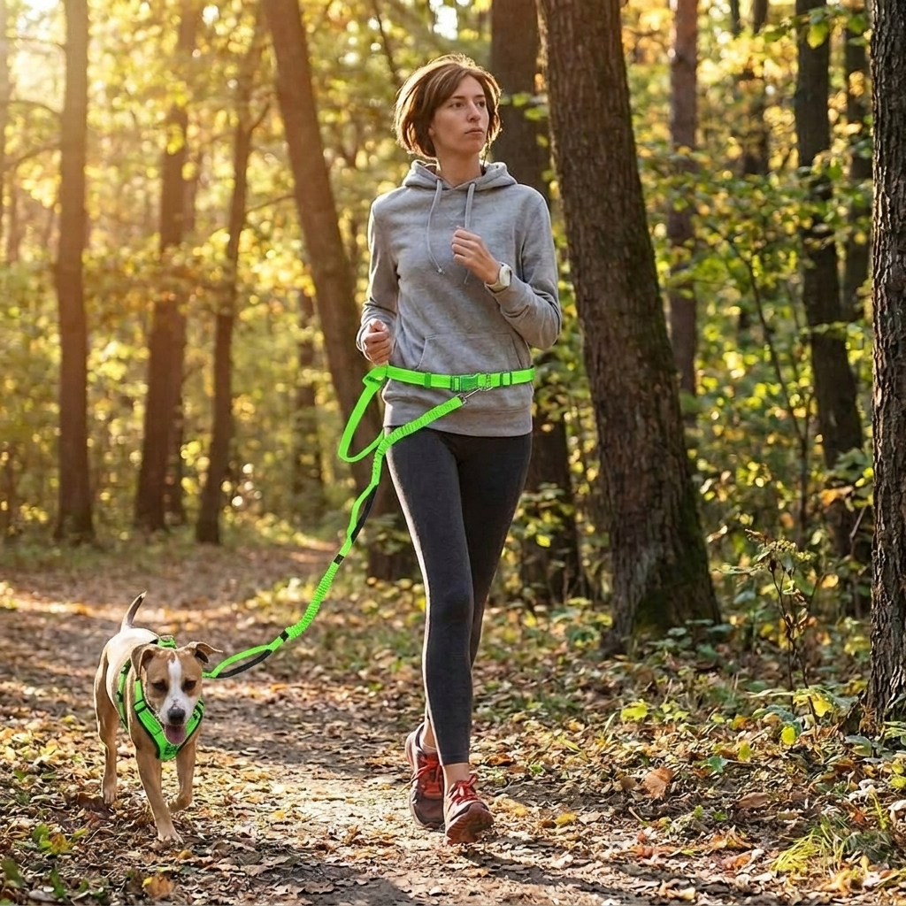Dog on hiking trail using fluorescent green Hands-Free Dog Leash with Harness - Furrwell Pets
