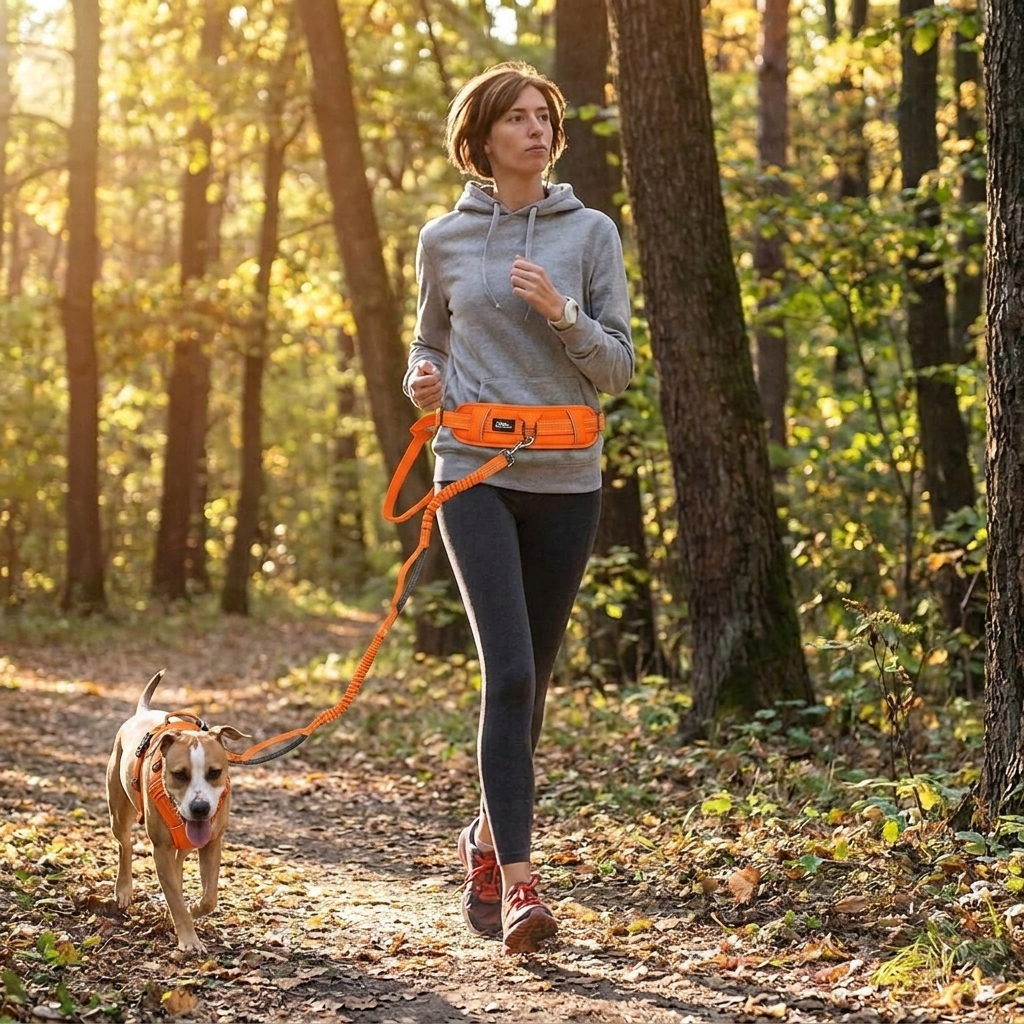 Dog on hiking trail using orange Hands-Free Dog Leash with Harness - Furrwell Pets