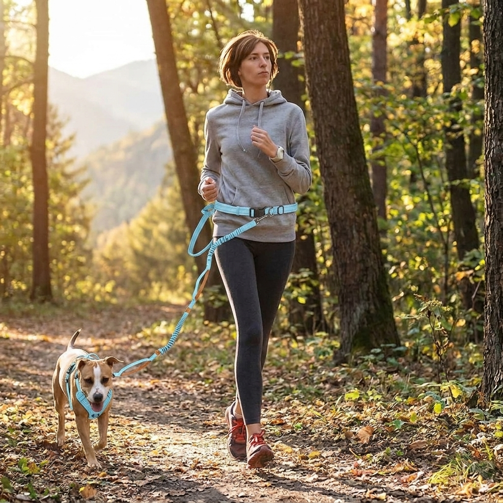 Dog on hiking trail using light blue Hands-Free Dog Leash with Harness - Furrwell Pets