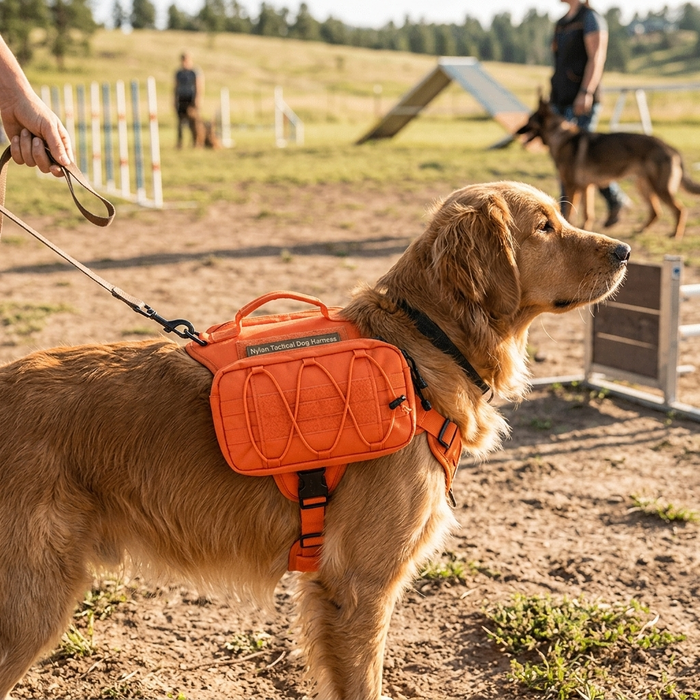 Dog wearing orange Nylon Tactical Dog Harness for Medium Large Dogs outdoors - Furrwell Pets
