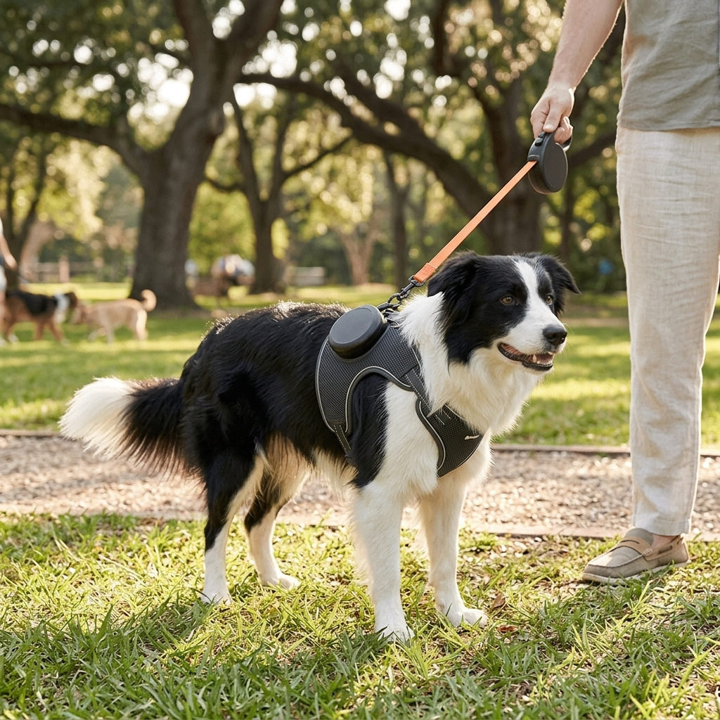 Dog wearing Retractable Vest-Style Dog Harness Leash outdoors - lifestyle photo