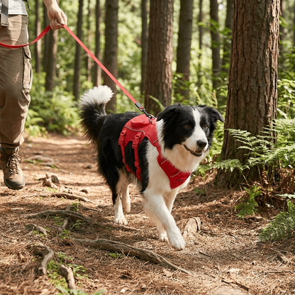 Dog wearing red Retractable Vest-Style Dog Harness Leash