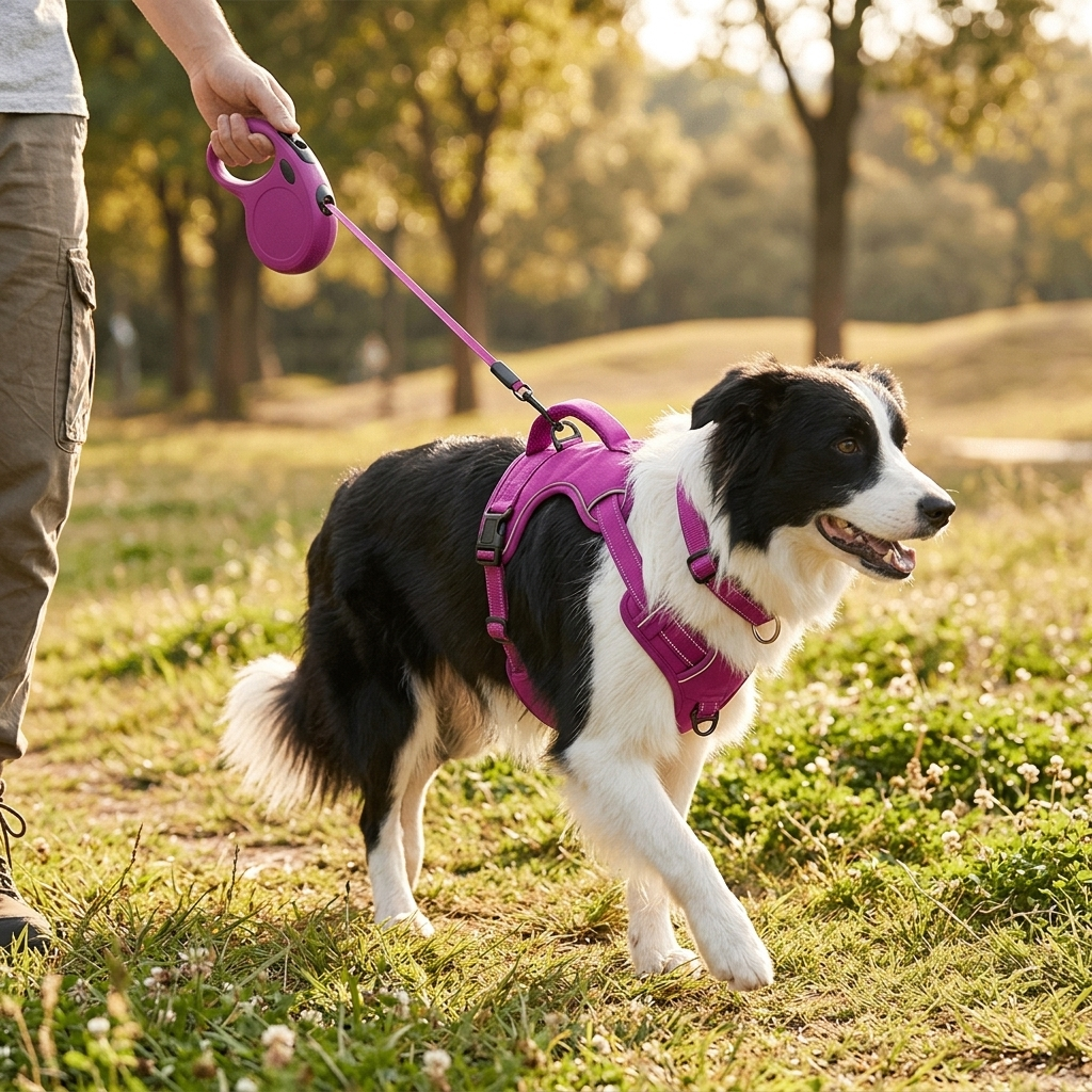 Dog wearing Miami Purple Retractable Vest-Style Dog Harness Leash