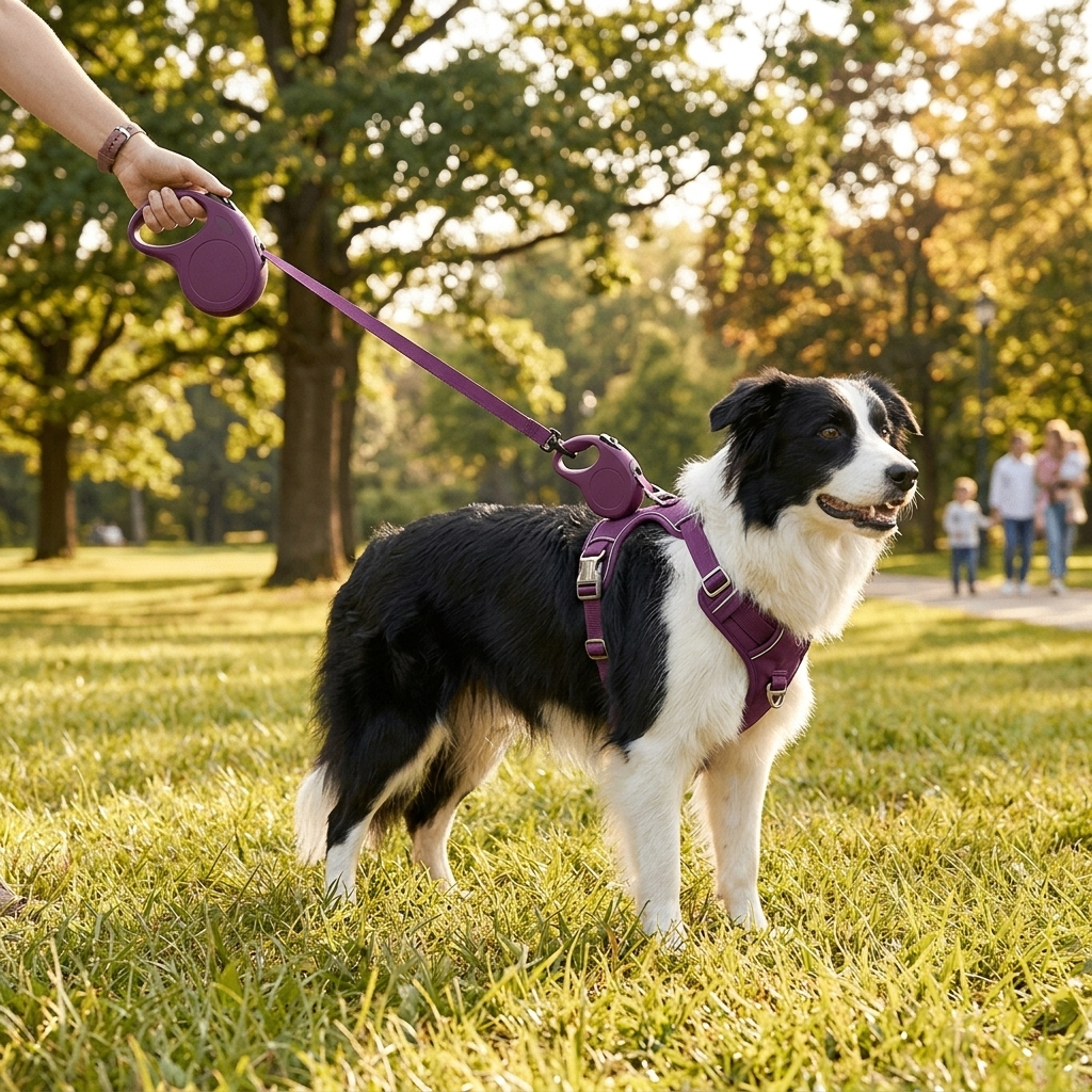 Dog wearing purple Retractable Vest-Style Dog Harness Leash