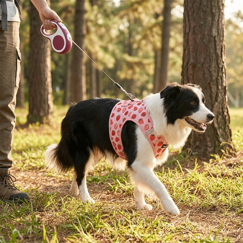 Dog wearing strawberry pink Retractable Vest-Style Dog Harness Leash