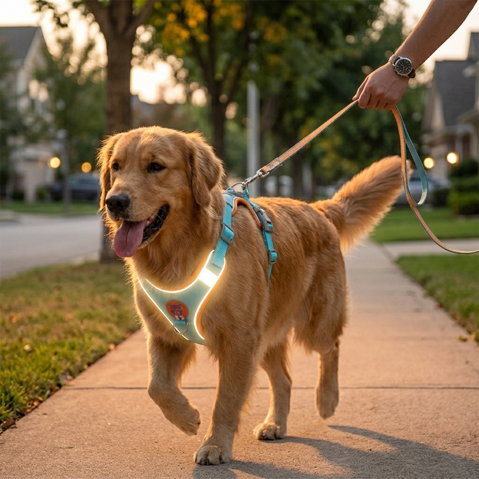 Dog wearing Reflective Dog Harness and Leash Set outdoors - lifestyle photo