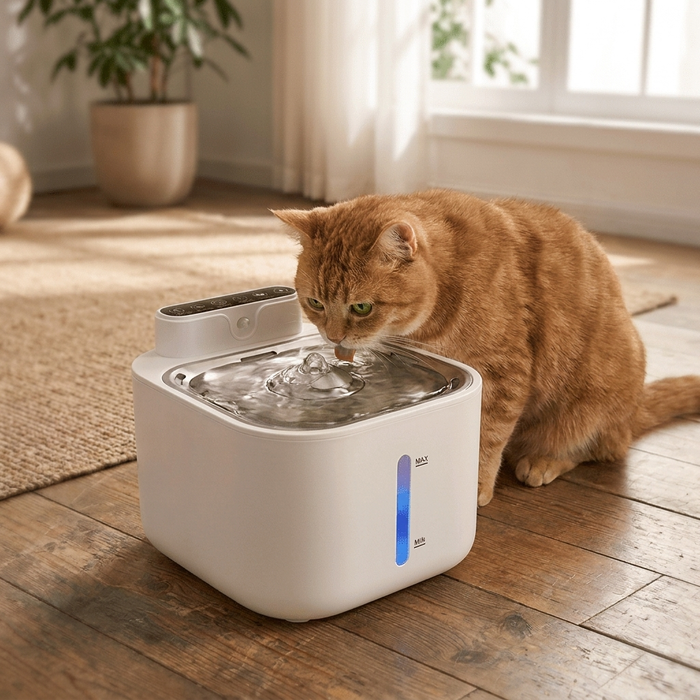 Cat drinking from Cat Water Fountain in a home setting