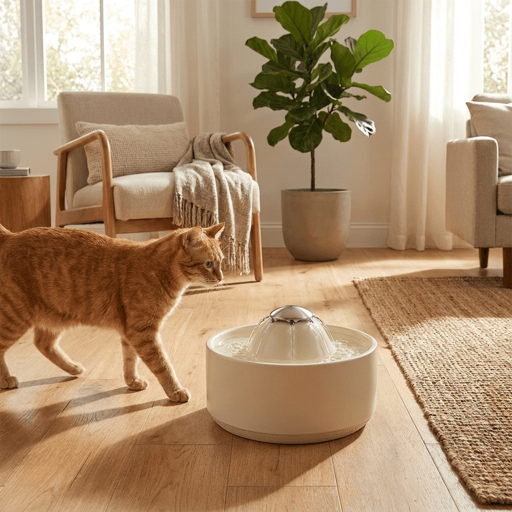 Cat drinking from round Pet Cat Water Fountain in a home setting