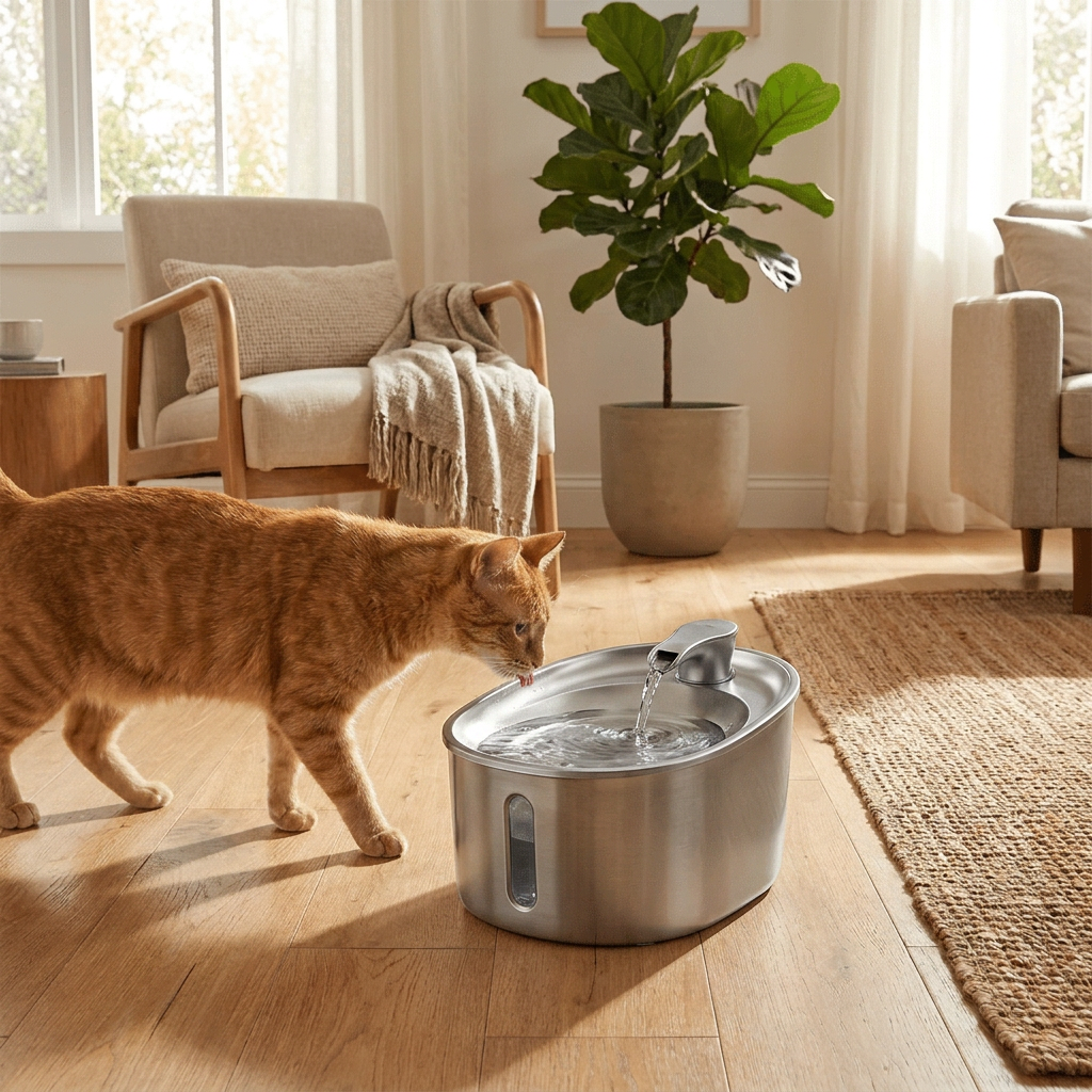Cat drinking from Corsair-style Pet Cat Water Fountain in a home setting