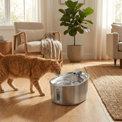 Cat drinking from Corsair-style Pet Cat Water Fountain in a home setting