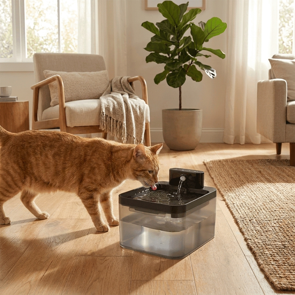 Cat drinking from square Pet Cat Water Fountain in a home setting