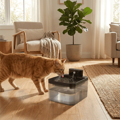 Cat drinking from square Pet Cat Water Fountain in a home setting