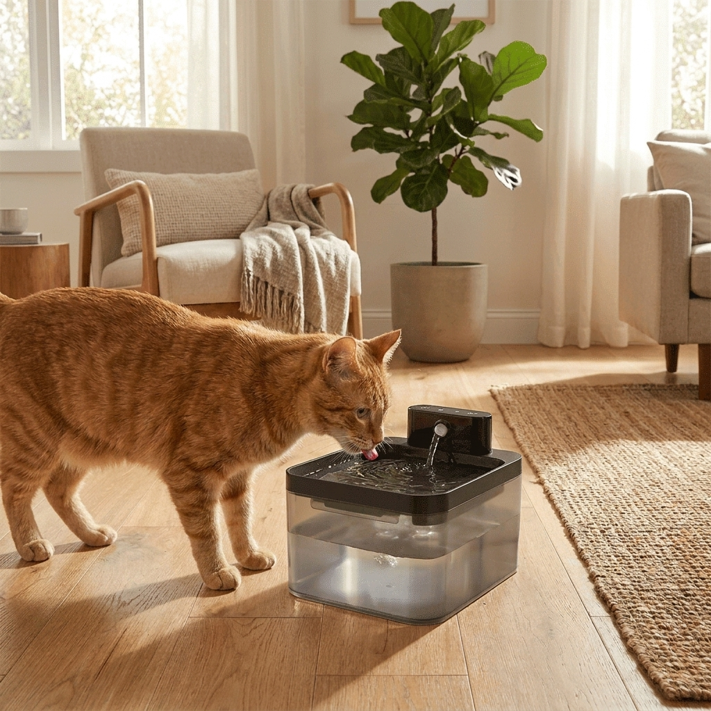 Cat drinking from rounded-square Pet Cat Water Fountain in a home setting
