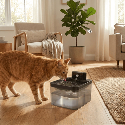 Cat drinking from rounded-square Pet Cat Water Fountain in a home setting