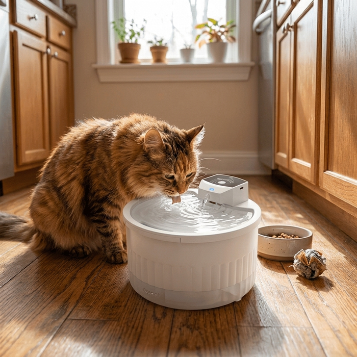 Cat drinking from white Wireless Sensor Cat Water Fountain in a home setting