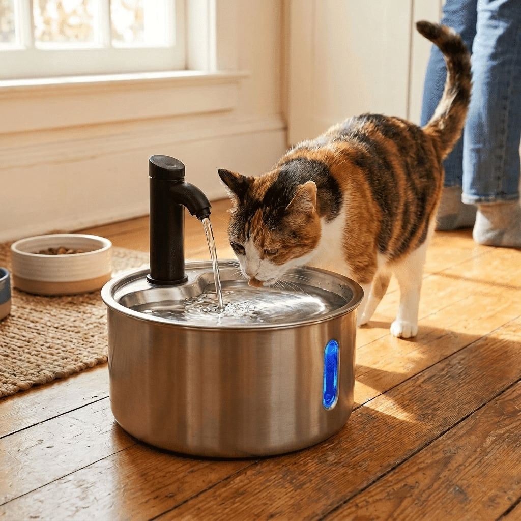 Cat drinking from Stainless Steel Wireless Pet Water Fountain in a home setting