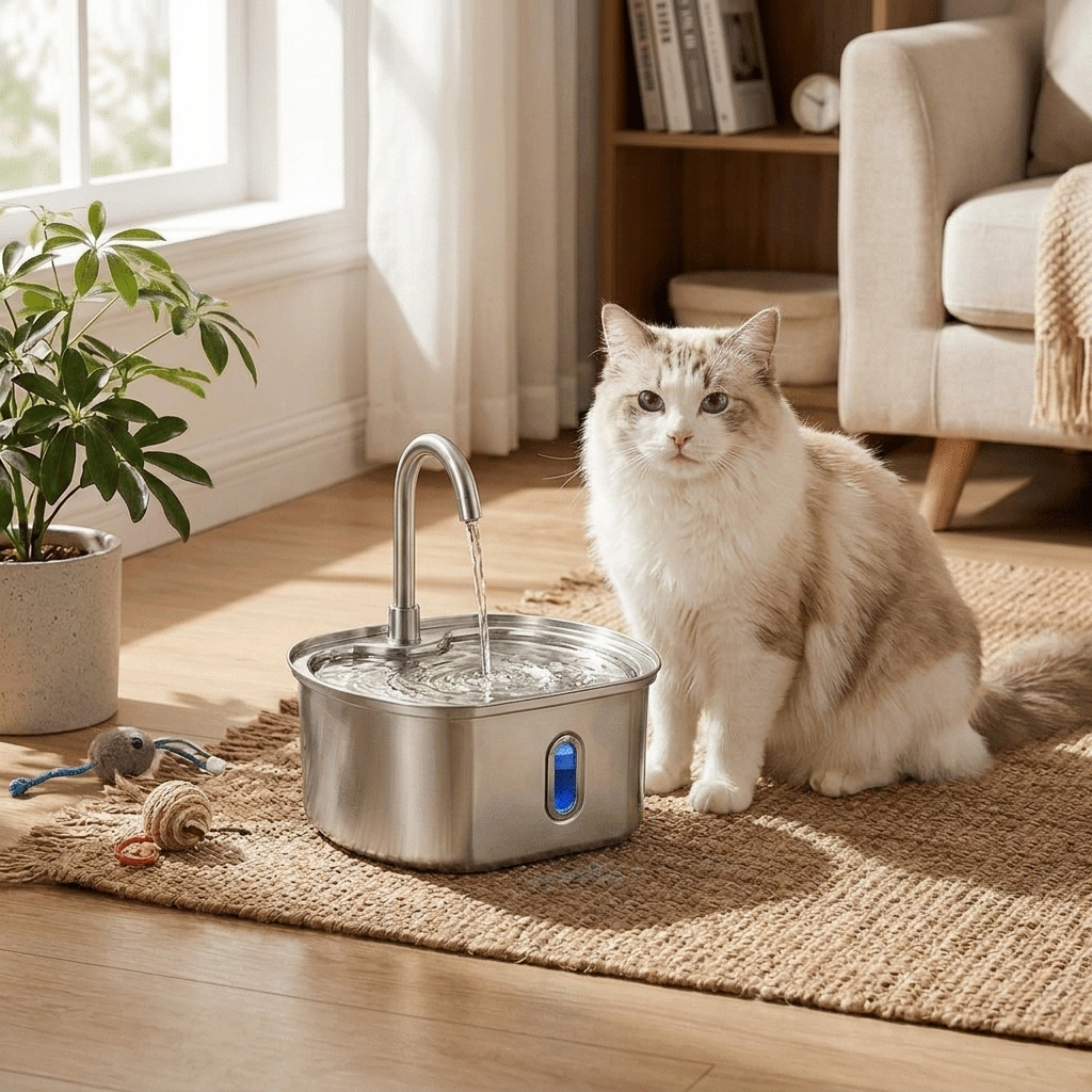Cat drinking from Cat Fountain Water Dispenser with Phantom Faucet RoundWindow design