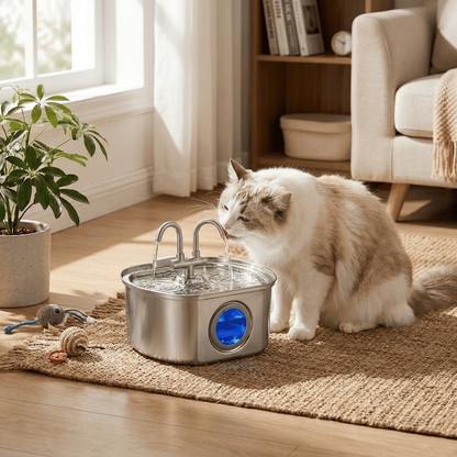 Cat drinking from Cat Fountain Water Dispenser with TPort DualOutlet RoundWindow design