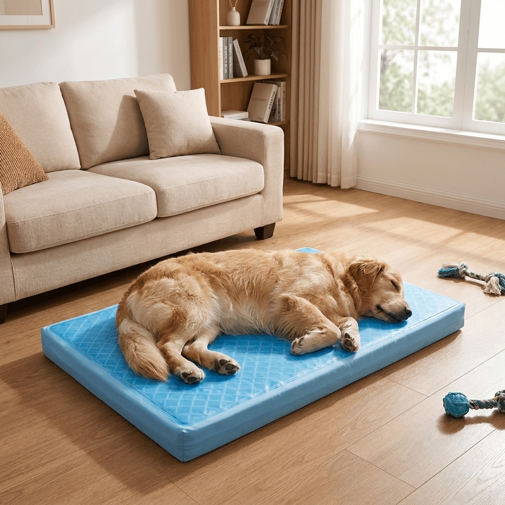 Dog resting on Cool Blue Dog Cooling Gel Mat - Furrwell Pets