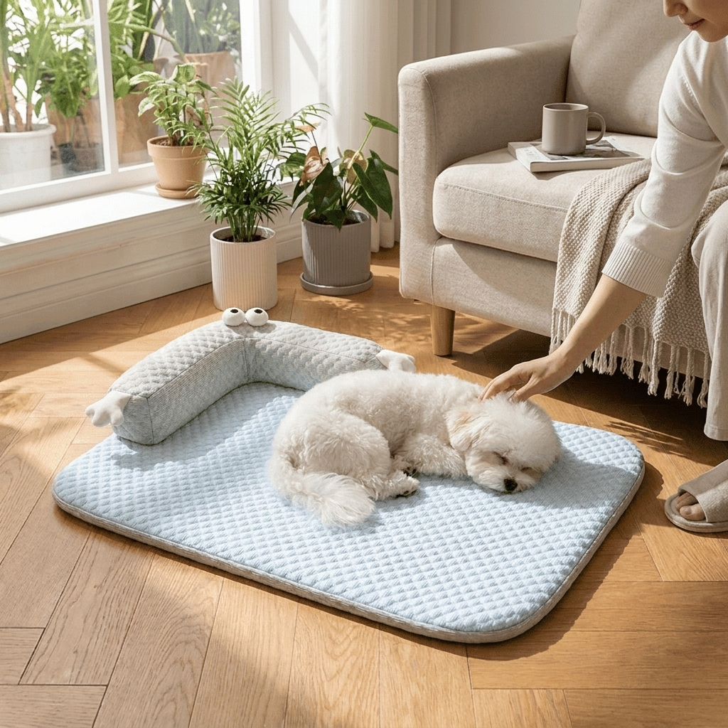 Dog lying on Breathable Cooling Dog Mat in Blue Monster - lifestyle
