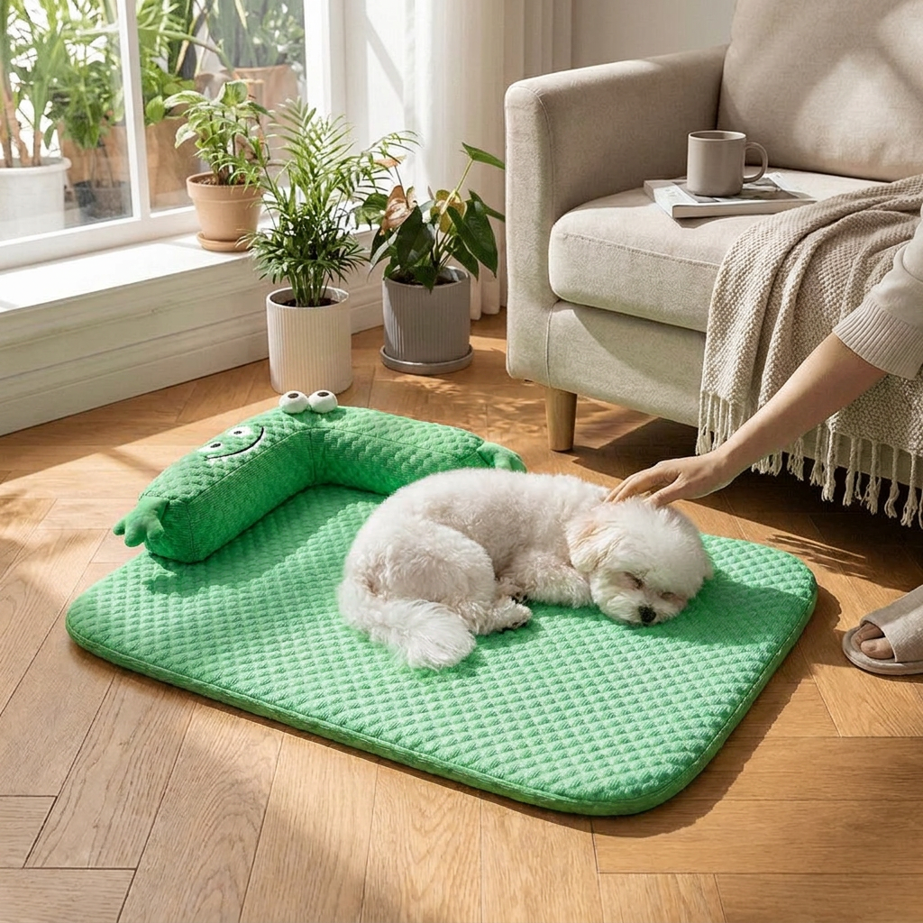 Dog lying on Breathable Cooling Dog Mat in Green Monster - lifestyle