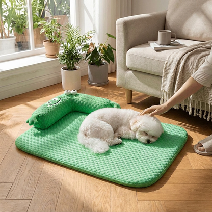 Dog lying on Breathable Cooling Dog Mat in Green Monster - lifestyle