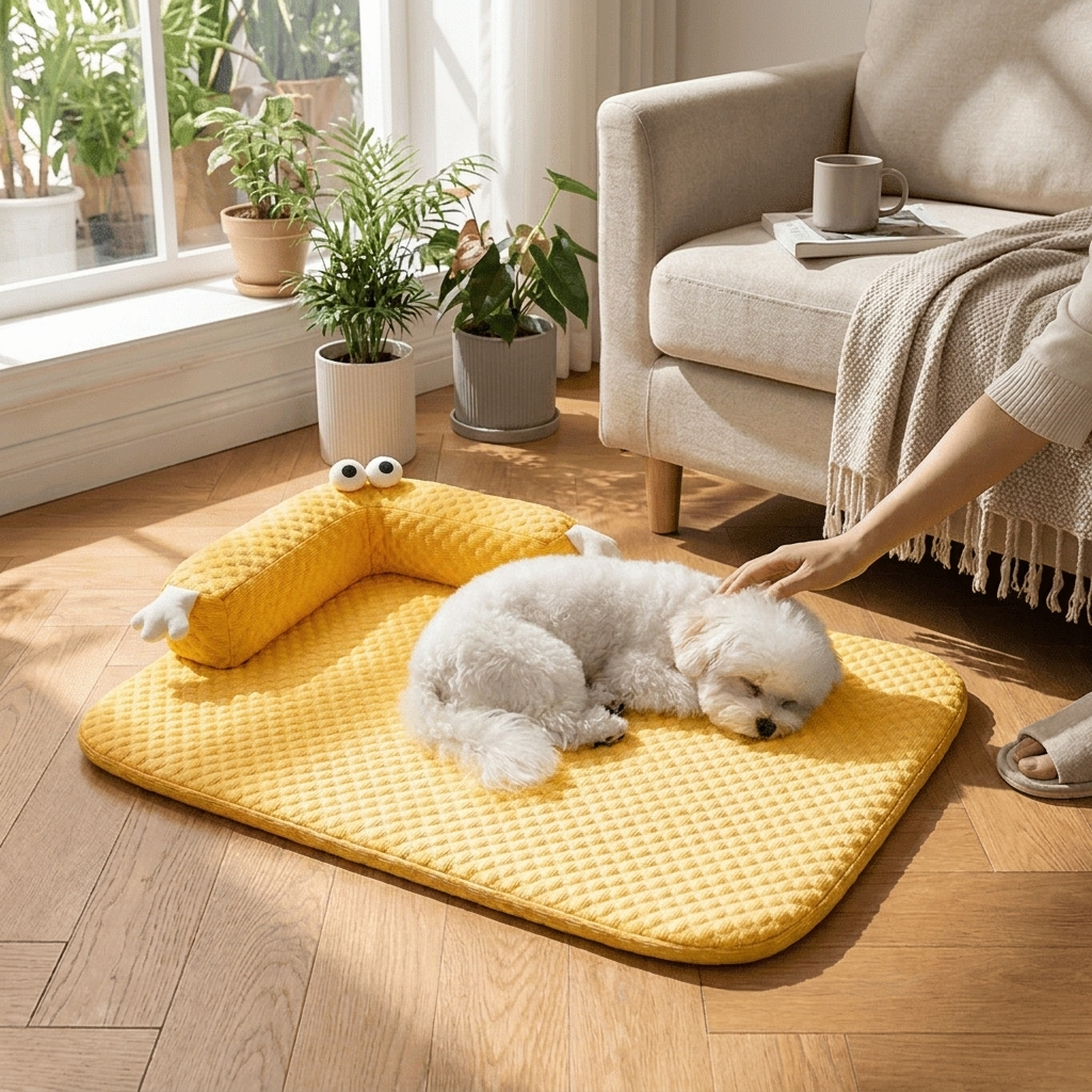 Dog lying on Breathable Cooling Dog Mat in Yellow BigEye Detachable - lifestyle
