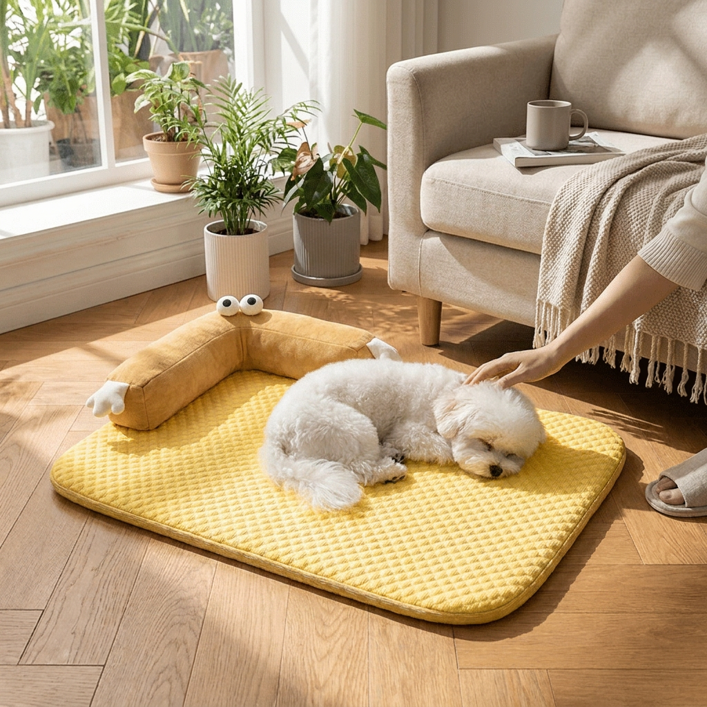 Dog lying on Breathable Cooling Dog Mat in Yellow BigEye NonDetachable - lifestyle
