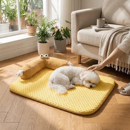 Dog lying on Breathable Cooling Dog Mat in Yellow BigEye NonDetachable - lifestyle