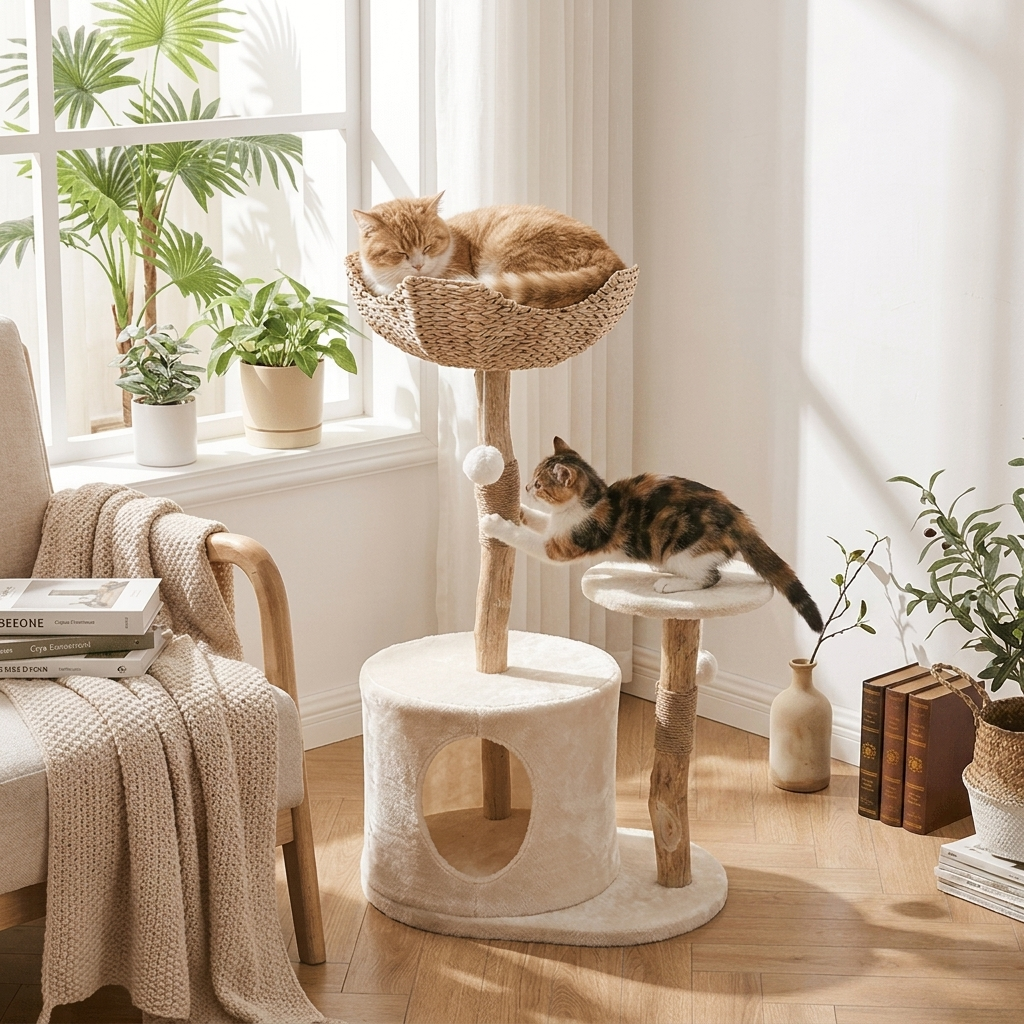 Cat climbing on Natural Wood Cat Climbing Frame - lifestyle