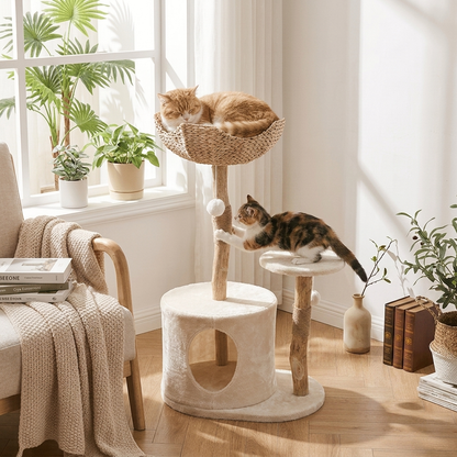 Cat climbing on Natural Wood Cat Climbing Frame - lifestyle
