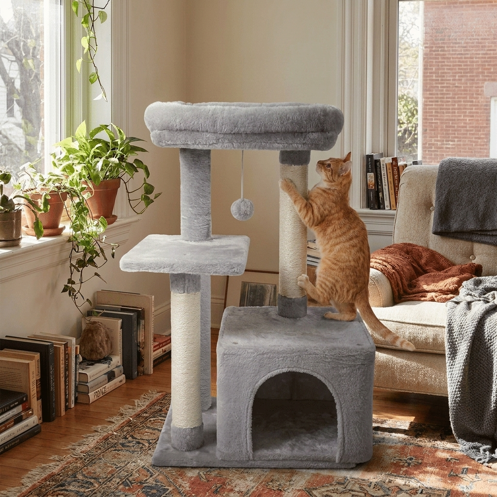 Cat climbing on Plush Flannel Cat Climbing Tree in Light Gray - lifestyle