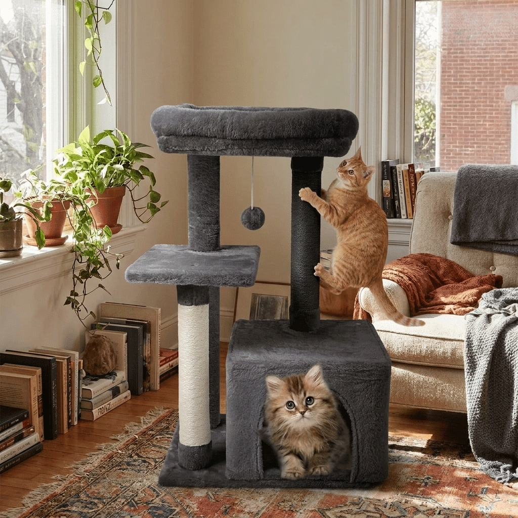 Cat climbing on Plush Flannel Cat Climbing Tree in Dark Gray - lifestyle