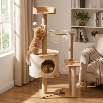 Cat sitting and climbing on the Furrwell Cat Tree with Sisal Scratching Post in a cozy living room
