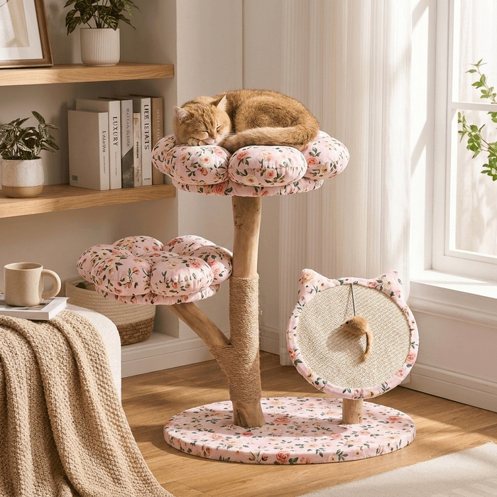 Cat scratching the Furrwell Solid Wood Cat Tree with Spring Pink Flower fabric design in a living room